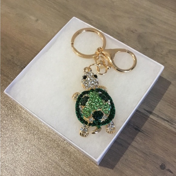 Green and Gold Embellished Turtle in Sparkling Rhinestones Keychain Bag Charm - Picture 1 of 1